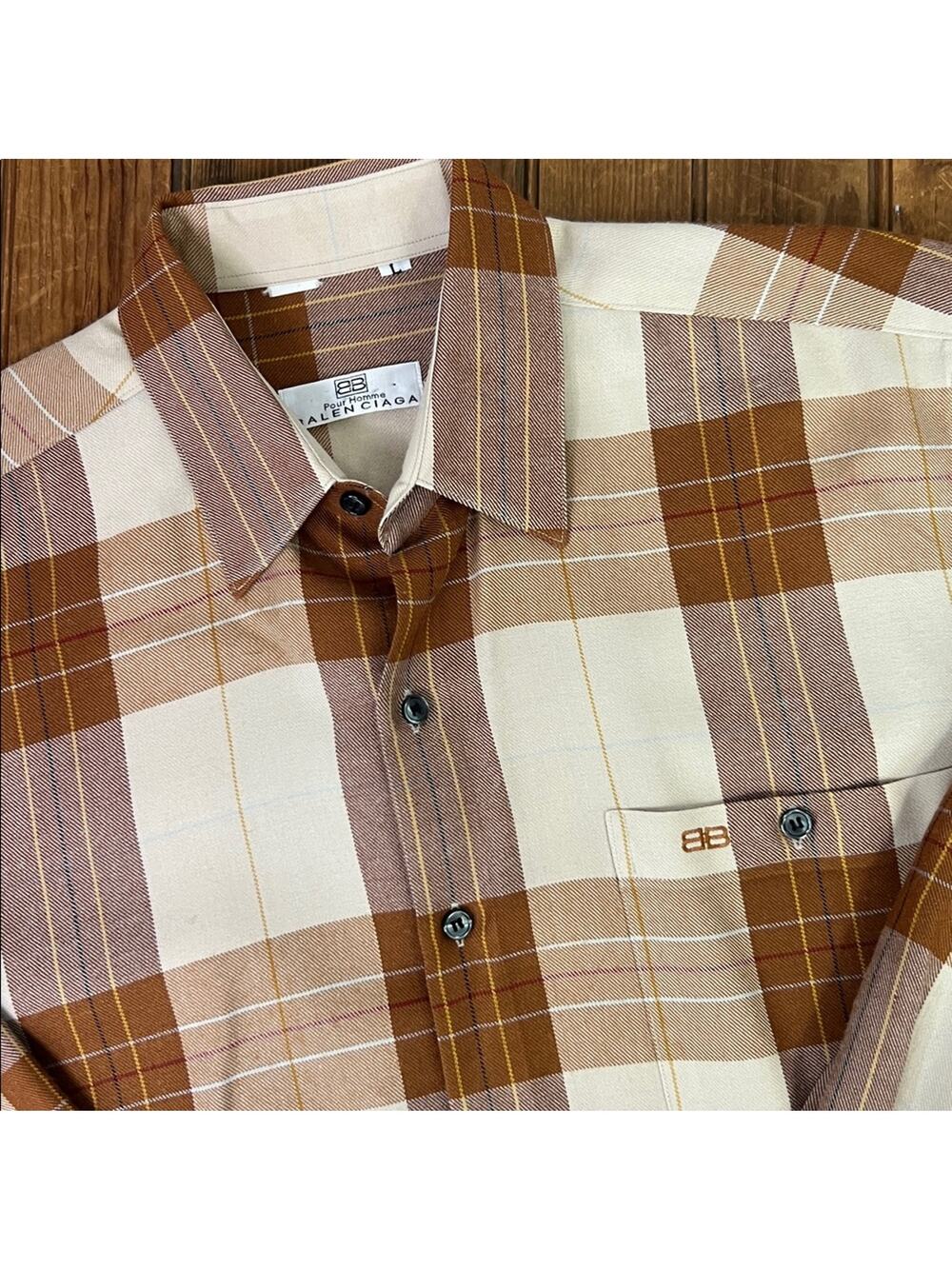 Vintage Balenciaga Men's Brown and Cream flannel Plaid Shirt size large